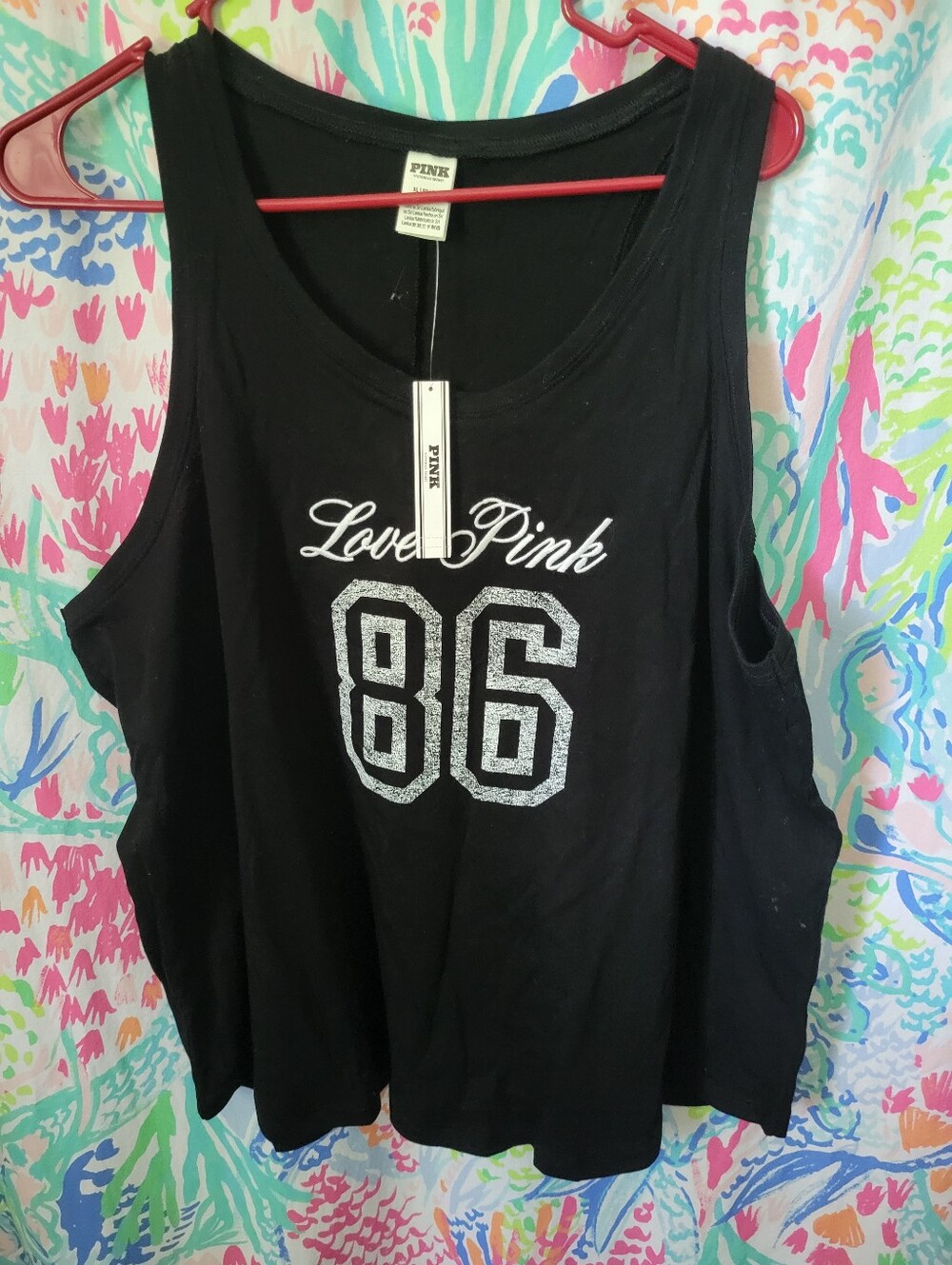 PINK Victoria's Secret Black Tank Top with Silver '86' Glitter Graphic XL